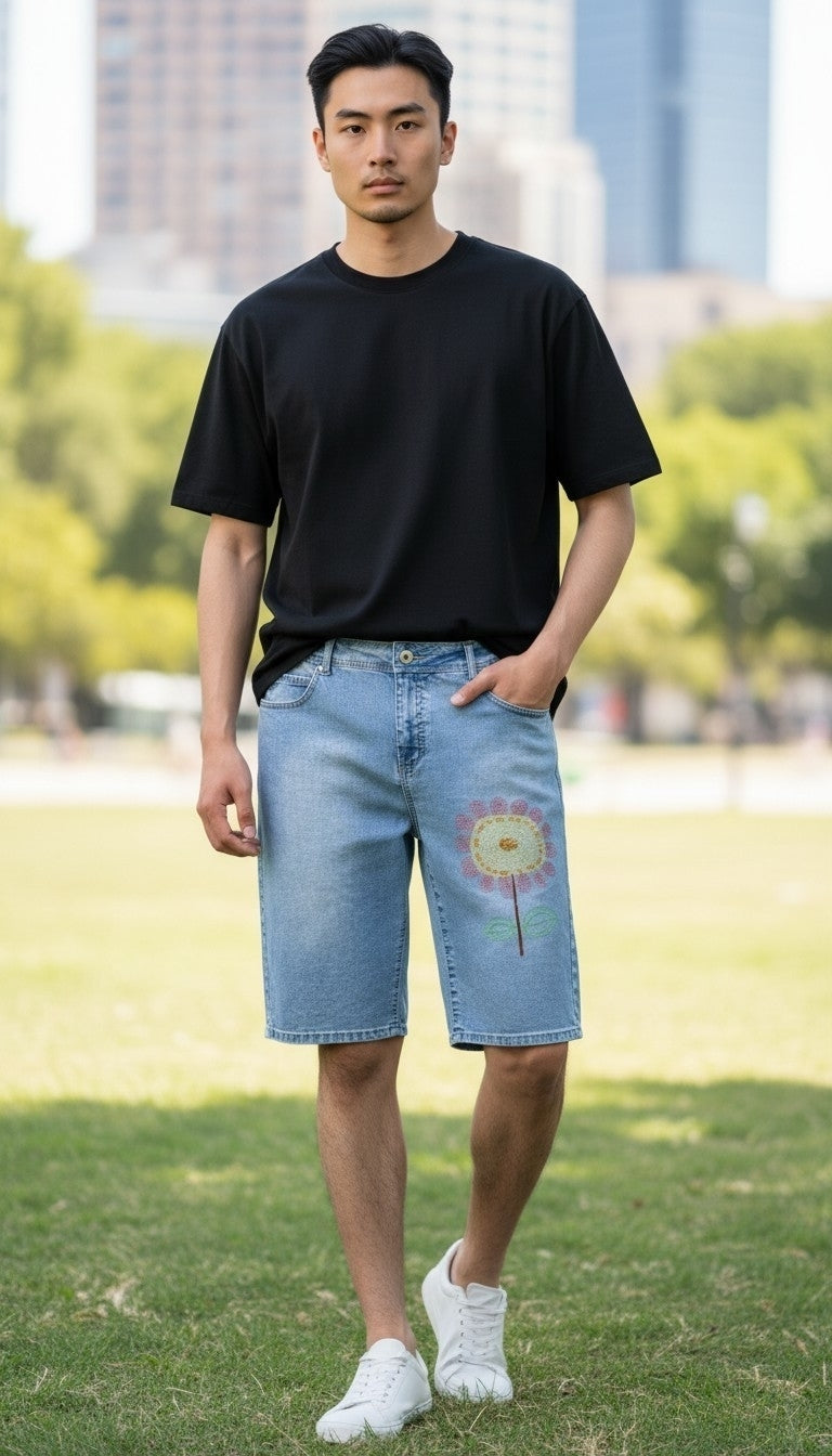 Made by Henrietta Hand-Stitched Embroidered Up-Cycled Denim Shorts
