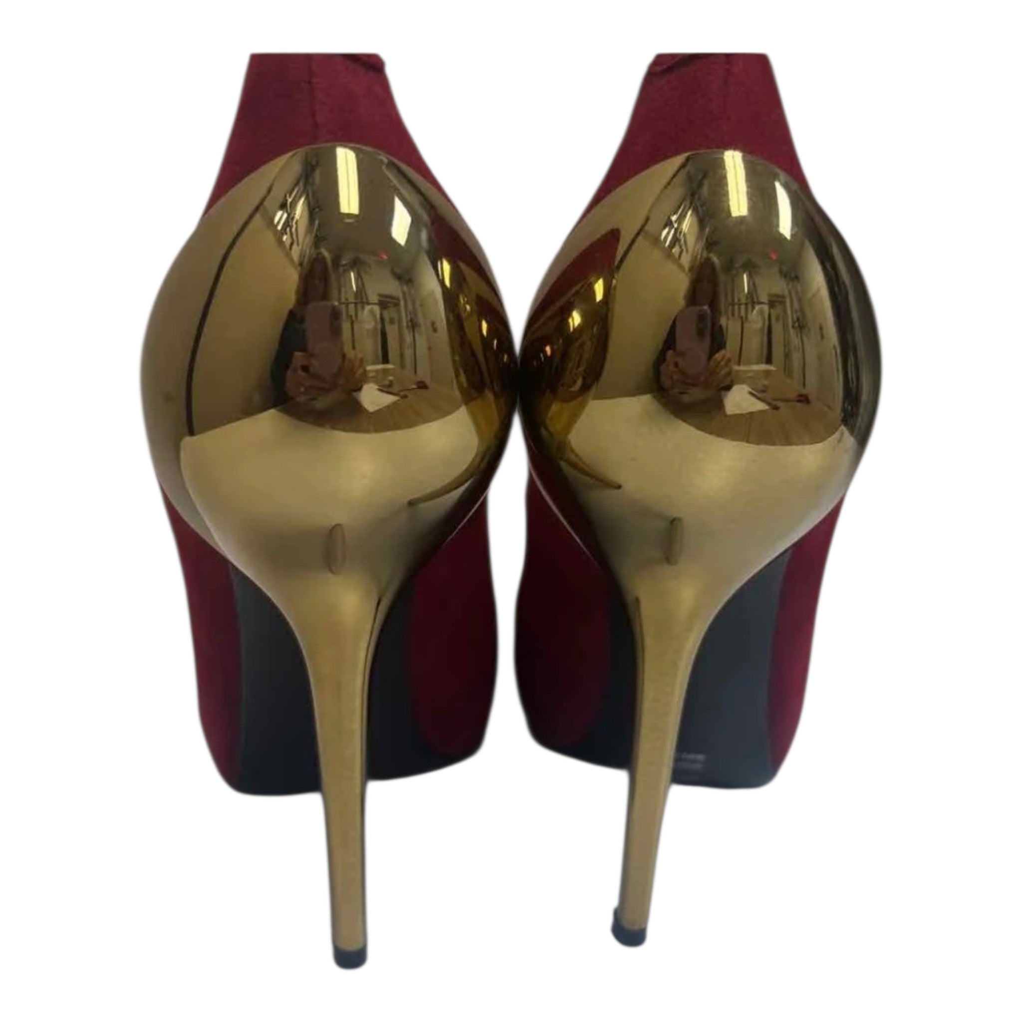 Giuseppe Zanotti Red Suede Pumps with Sculptural Gold Heel