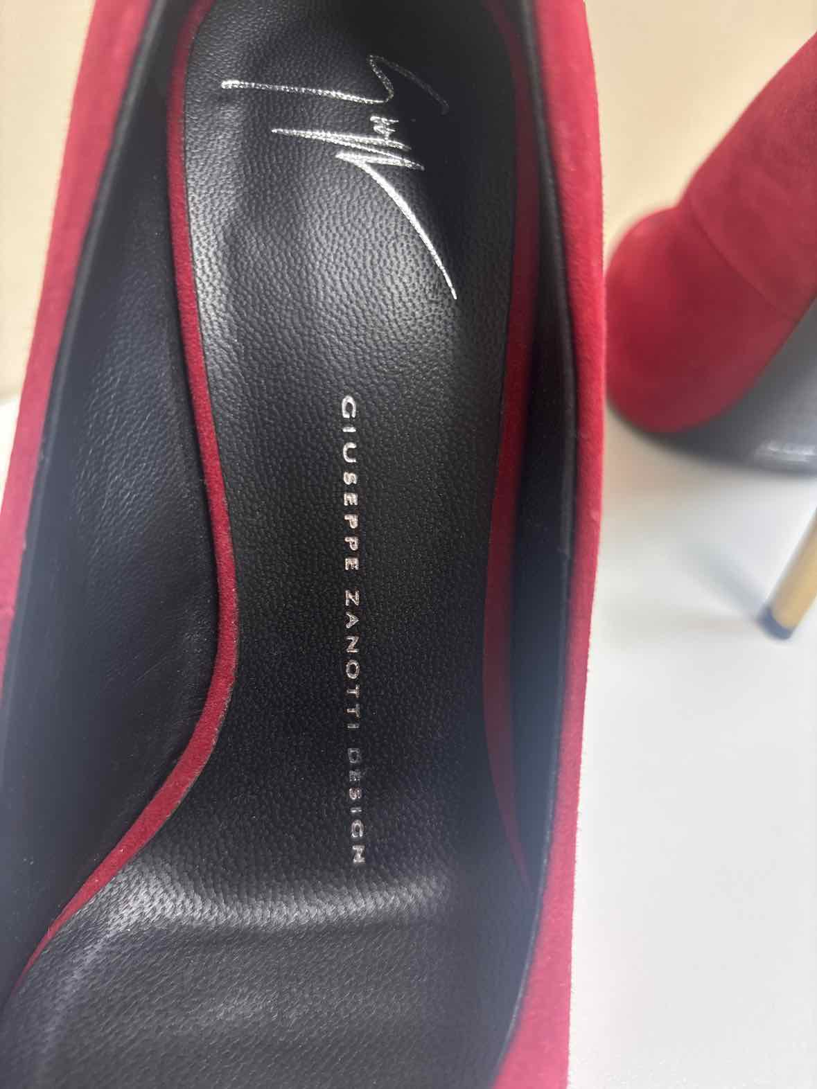 Giuseppe Zanotti Red Suede Pumps with Sculptural Gold Heel