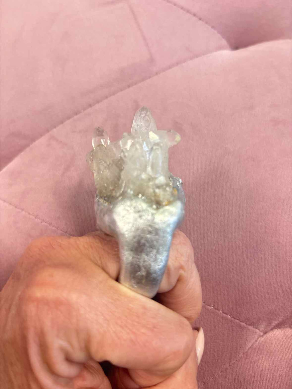 Raw Quartz Crystal Double Finger Statement Ring – Silver Tone