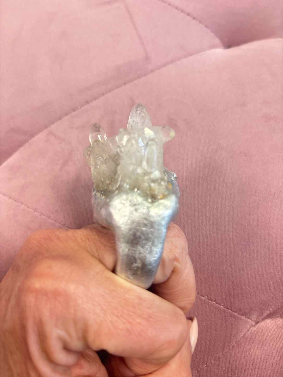 Raw Quartz Crystal Double Finger Statement Ring – Silver Tone