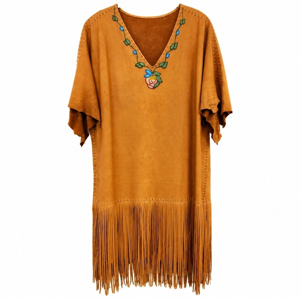 Vintage Handcrafted Beaded Leather Fringe Dress – SASS Cowboy Action Era – Large