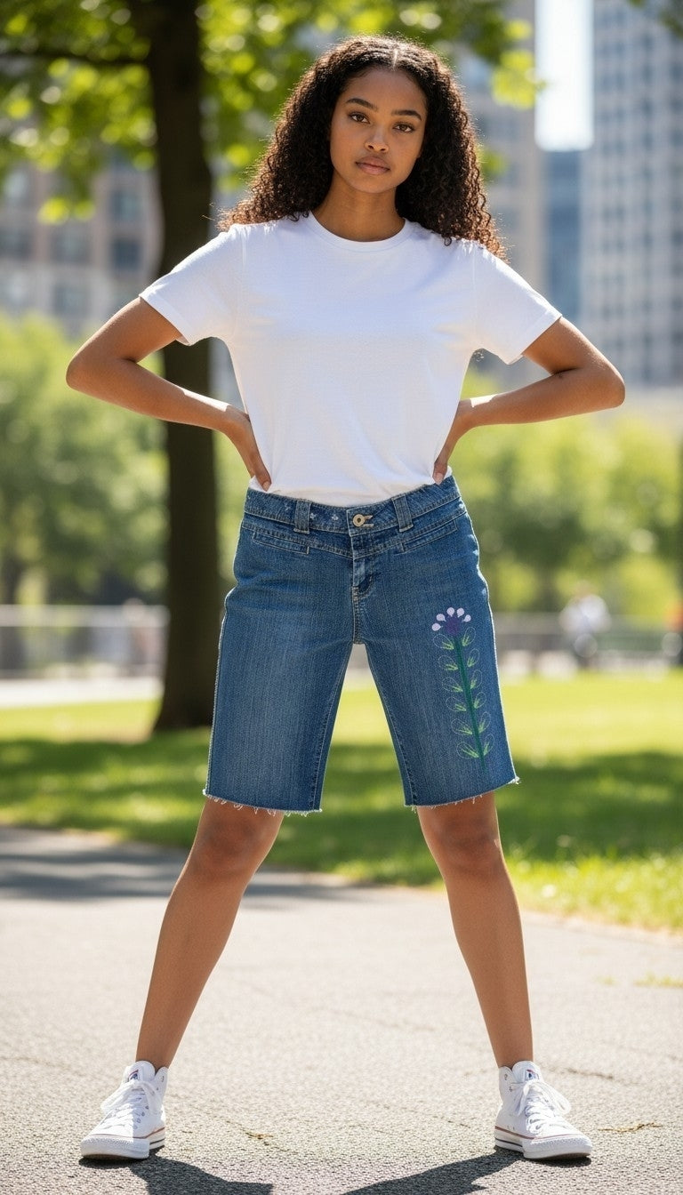 Made by Henrietta Hand-Stitched Embroidered Upcycled Denim Shorts – Size M