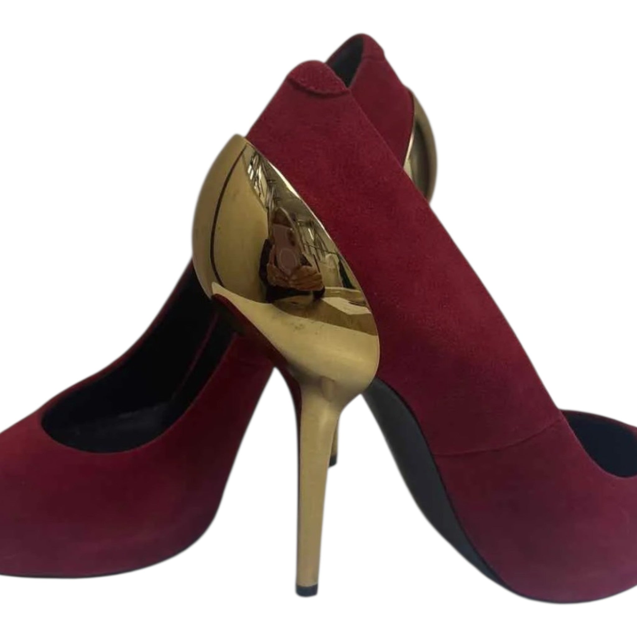 Giuseppe Zanotti Red Suede Pumps with Sculptural Gold Heel