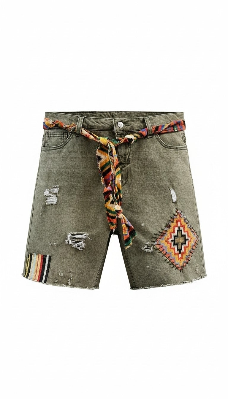 Roadside Cactus Upcycled Slow-Stitch Patchwork Denim Shorts – Medium