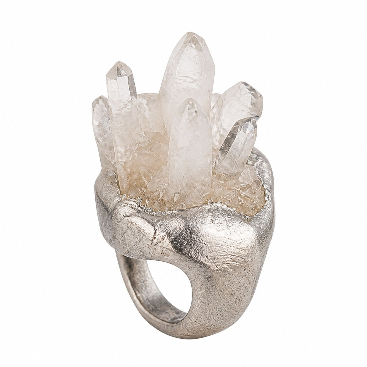 Raw Quartz Crystal Double Finger Statement Ring – Silver Tone
