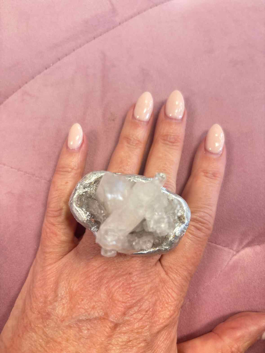 Raw Quartz Crystal Double Finger Statement Ring – Silver Tone