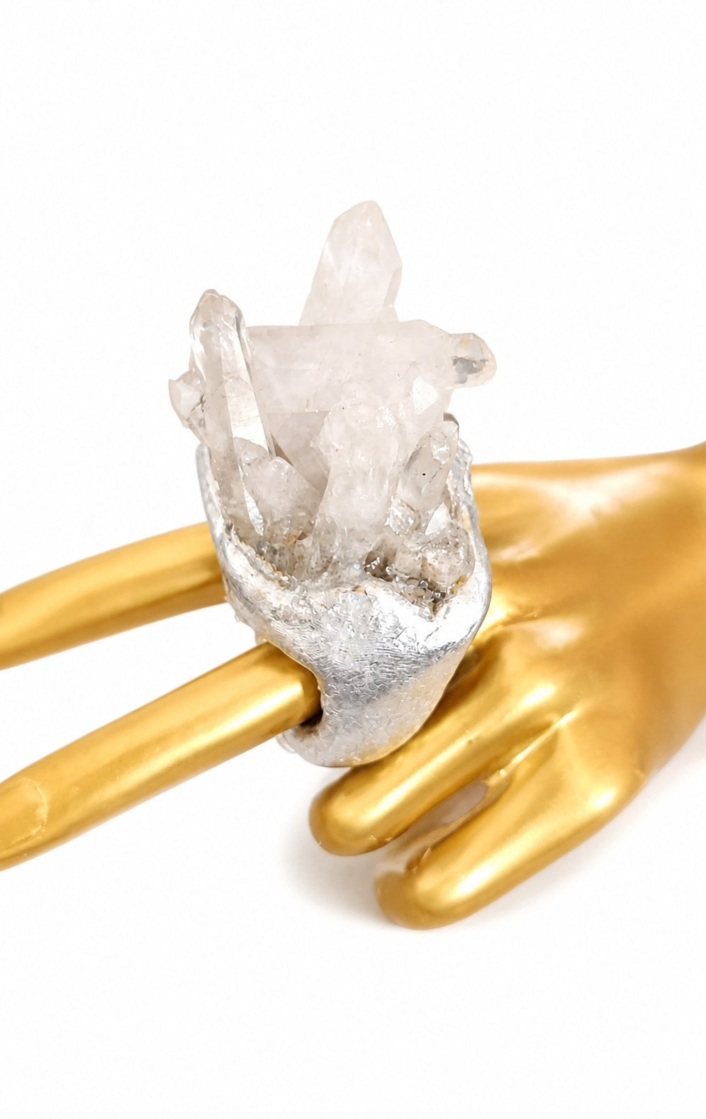 Raw Quartz Crystal Double Finger Statement Ring – Silver Tone