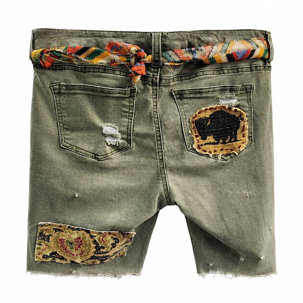 Roadside Cactus Upcycled Slow-Stitch Patchwork Denim Shorts – Medium