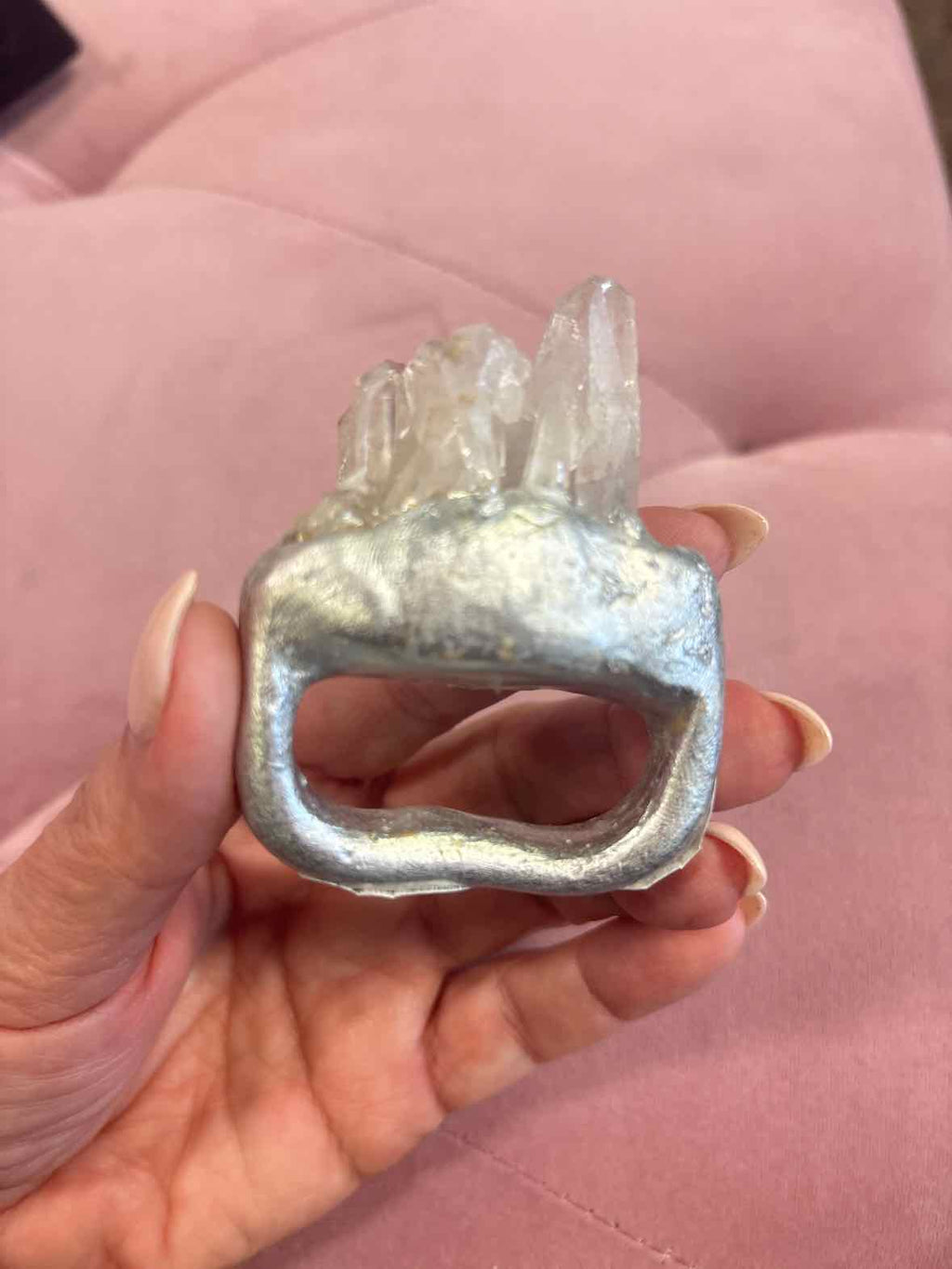 Raw Quartz Crystal Double Finger Statement Ring – Silver Tone