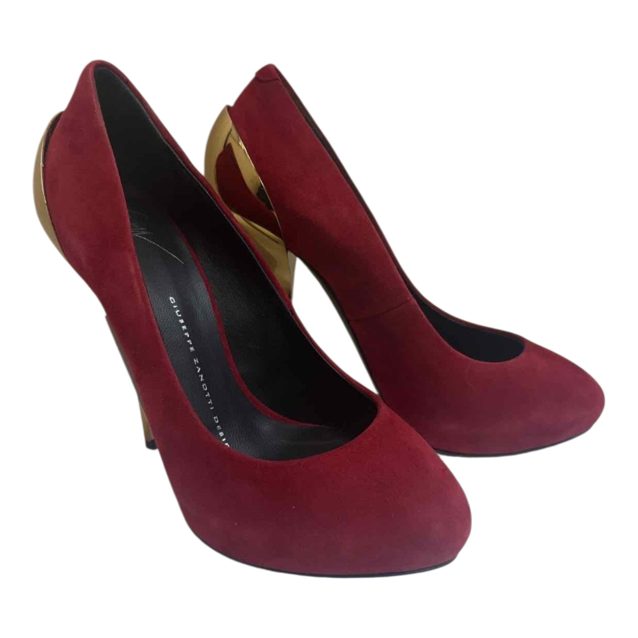 Giuseppe Zanotti Red Suede Pumps with Sculptural Gold Heel