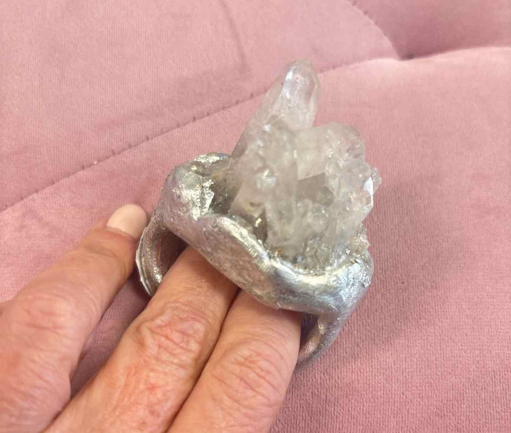 Raw Quartz Crystal Double Finger Statement Ring – Silver Tone