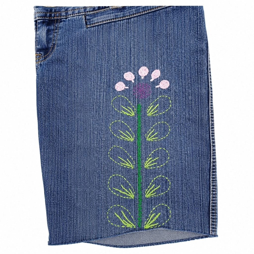 Made by Henrietta Hand-Stitched Embroidered Upcycled Denim Shorts – Size M